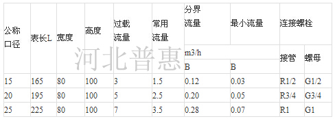 IC卡预付费水表常用技术参数图表